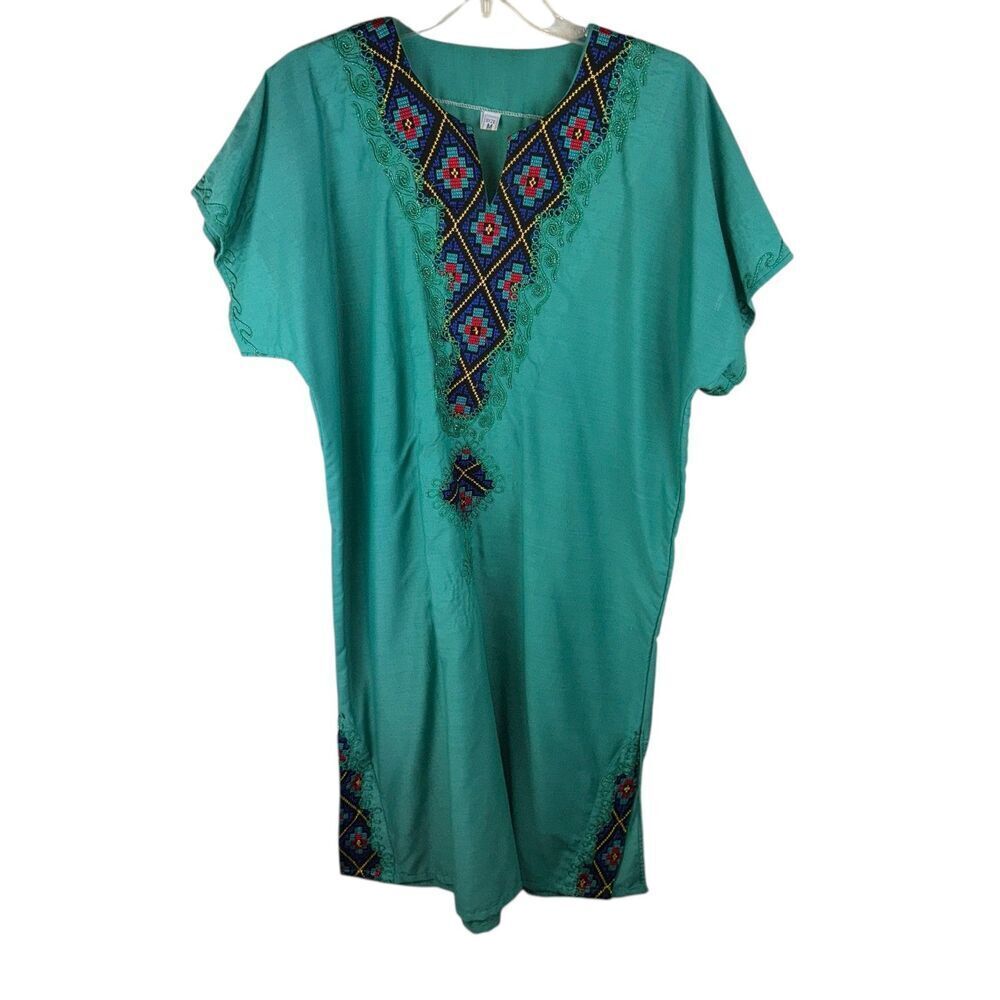 Vintage Embroidered Green Kaftan Dress Women Size Medium‎